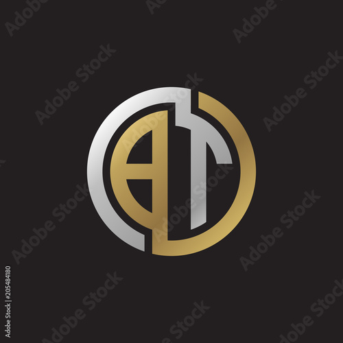 Initial letter BT, looping line, circle shape logo, silver gold color on black background