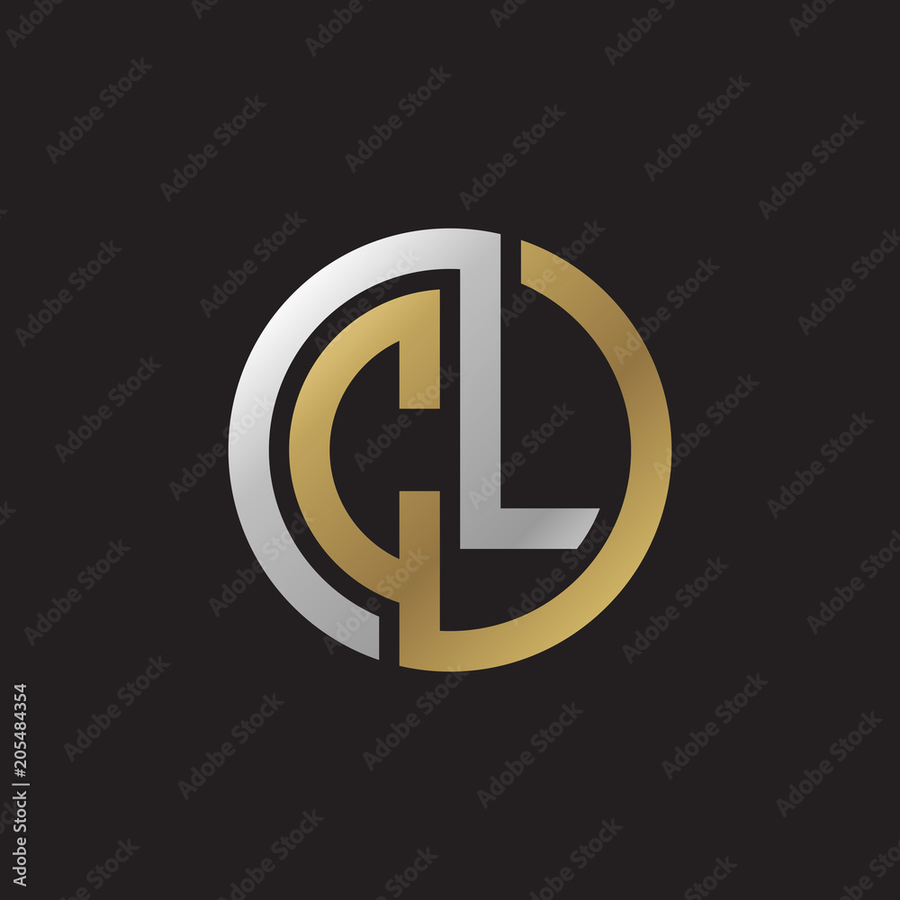 Initial letter CL, looping line, circle shape logo, silver gold color on black background Initial letter CL, looping line, circle shape logo, silver gold color on black background