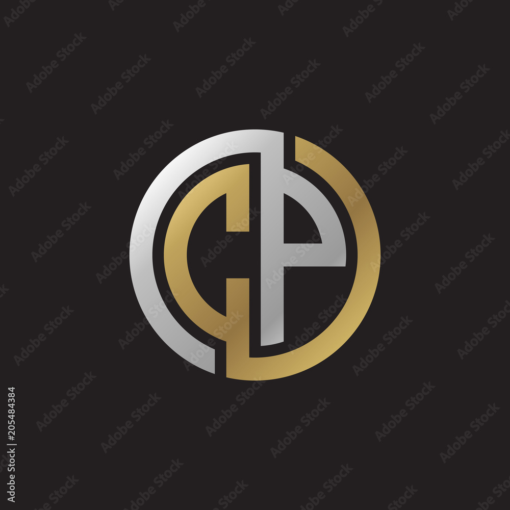 Initial letter CP, looping line, circle shape logo, silver gold color on black background Initial letter CP, looping line, circle shape logo, silver gold color on black background