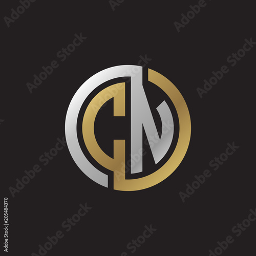 Initial letter CN, looping line, circle shape logo, silver gold color on black background