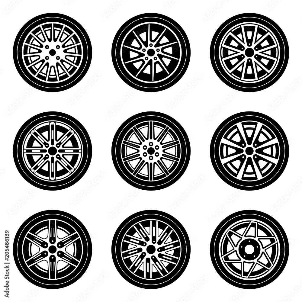 Set of various types of car wheels