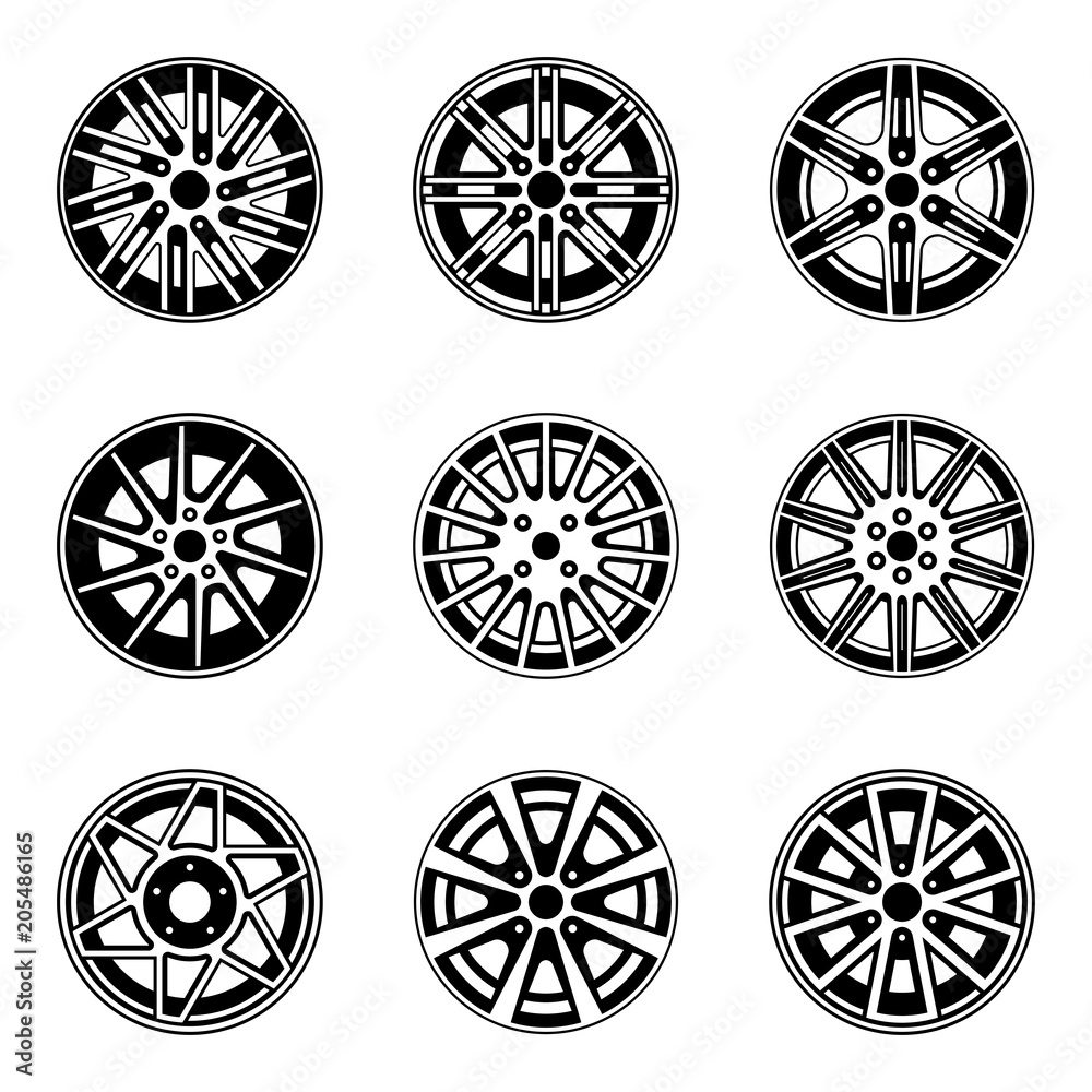 Car wheel icons set. Vector thin line