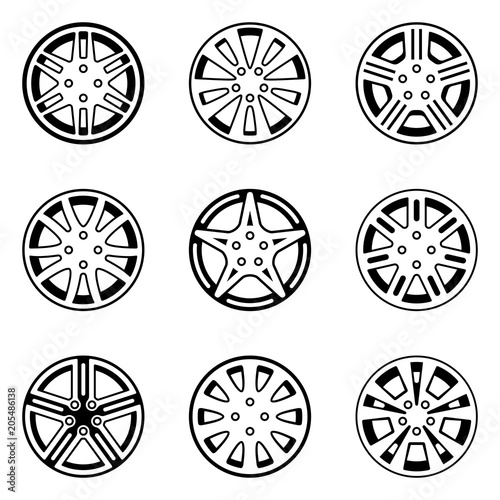 Different types of car wheels. Vector thin line