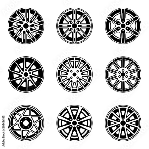 Car wheel icons set. Vector thin line