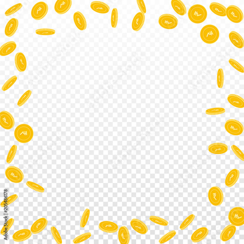 Indian rupee coins falling. Scattered sparse INR coins on transparent background. Positive chaotic border vector illustration. Jackpot or success concept.