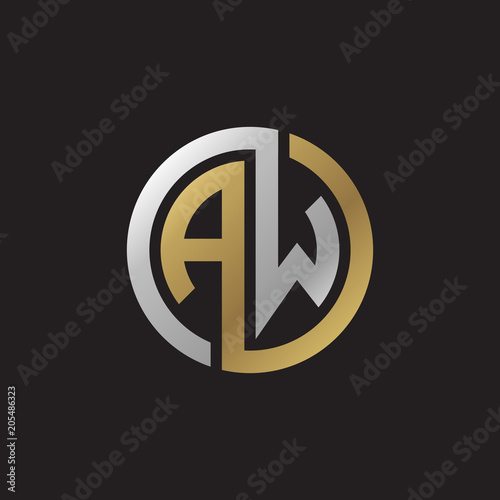 Initial letter AW, looping line, circle shape logo, silver gold color on black background