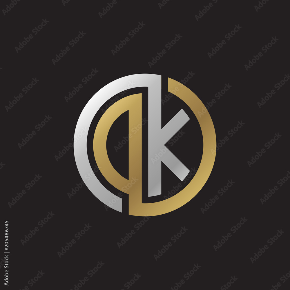 Initial letter DK, OK, looping line, circle shape logo, silver gold color on black background Initial letter DK, OK, looping line, circle shape logo, silver gold color on black background
