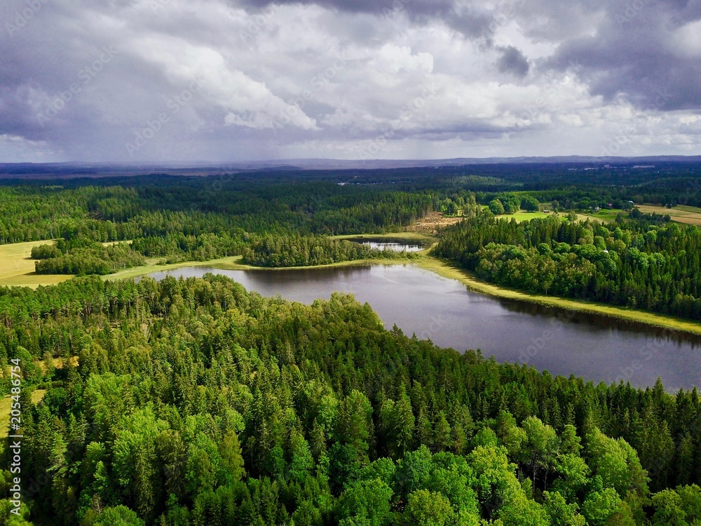 Aerial view over lake and wild forest in summer, Moasjön lake in ⁨Sweden