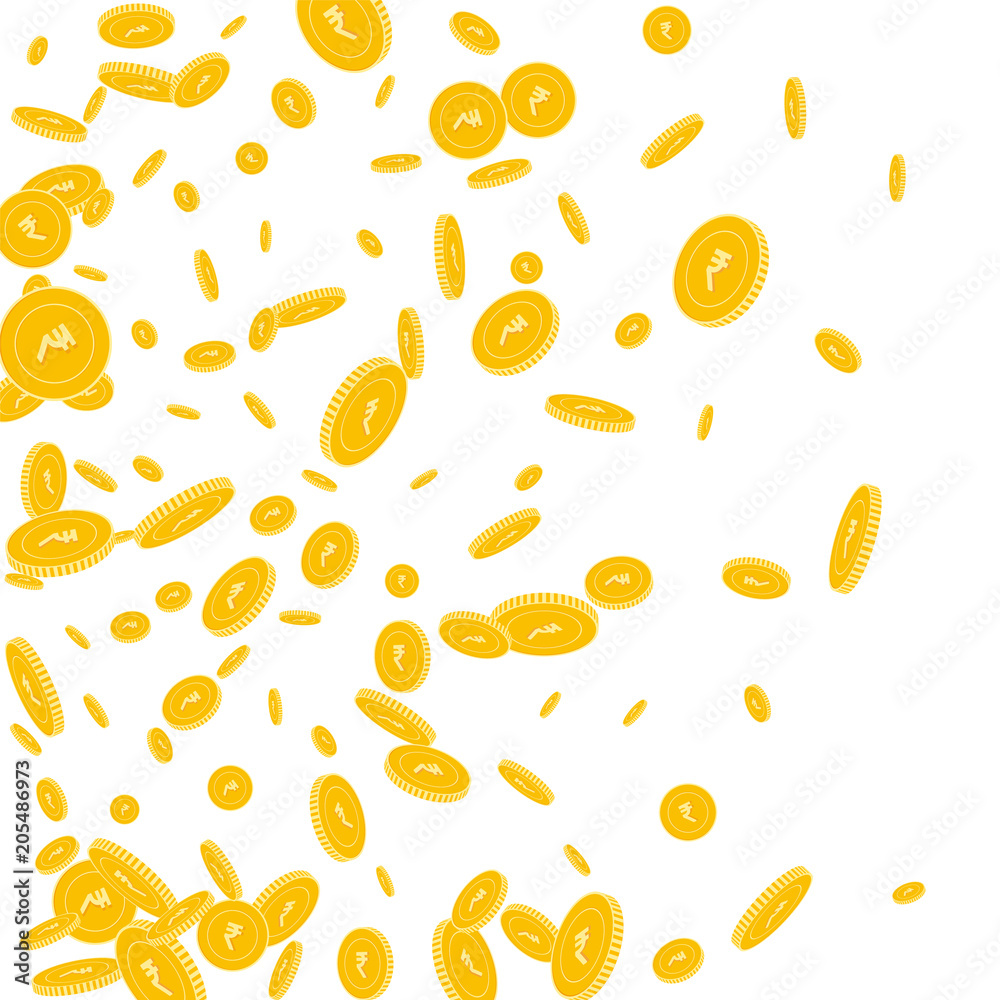 Indian rupee coins falling. Scattered disorderly INR coins on white background. Sublime left gradient vector illustration. Jackpot or success concept. Indian rupee coins falling. Scattered disorderly INR coins on white background. Sublime left gradient vector illustration. Jackpot or success concept.