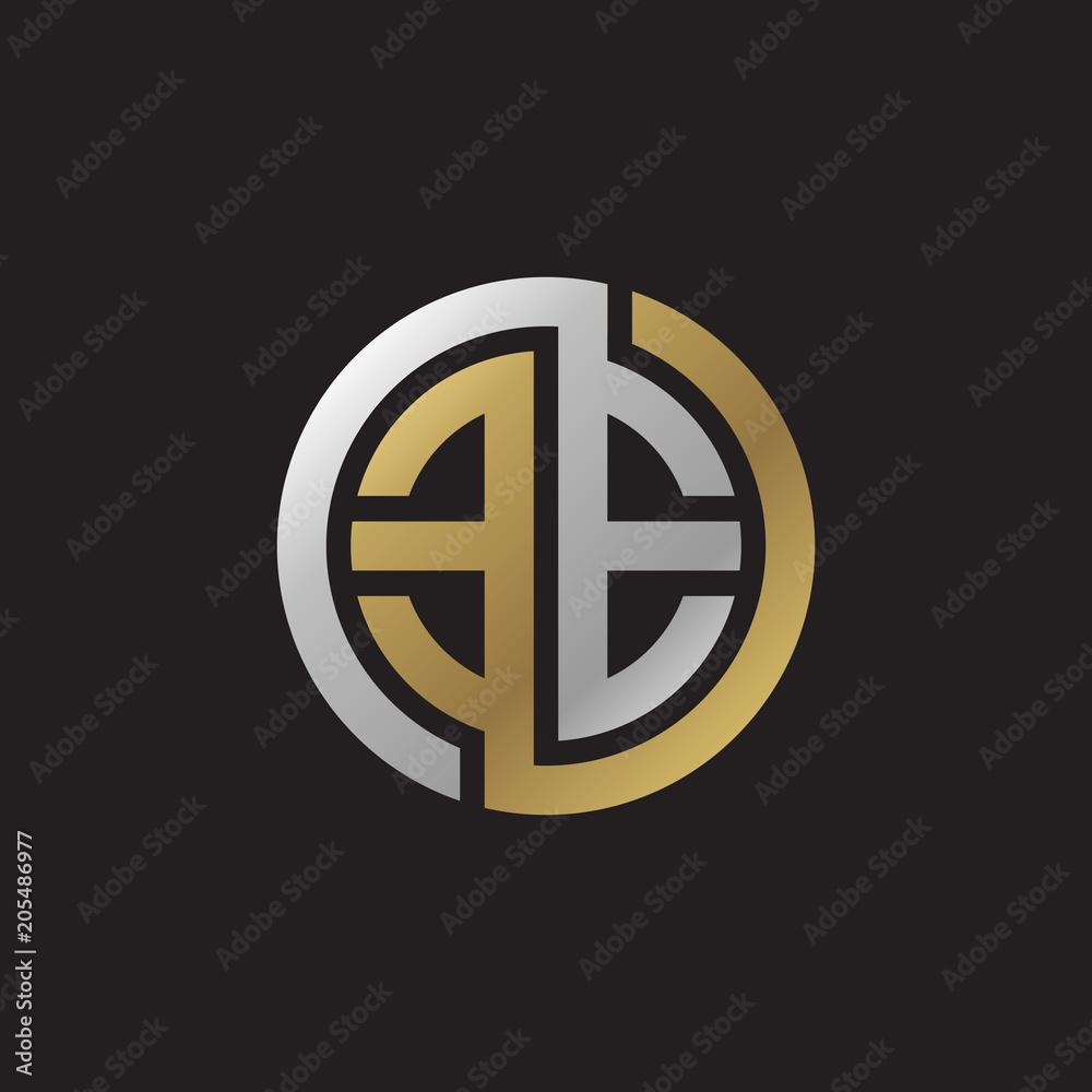 Initial letter EE, looping line, circle shape logo, silver gold color on black background Initial letter EE, looping line, circle shape logo, silver gold color on black background