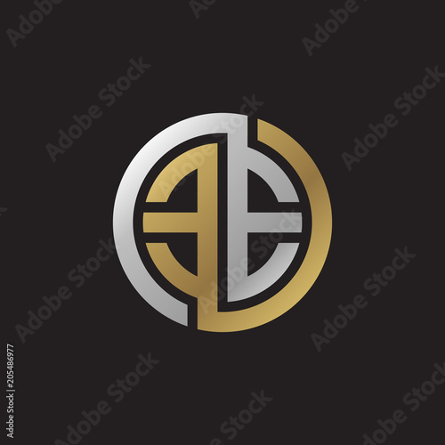 Initial letter EE, looping line, circle shape logo, silver gold color on black background