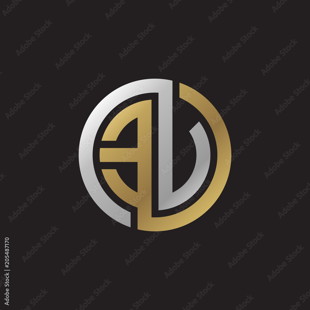 Initial letter EV, EU looping line, circle shape logo, silver gold color on black background Initial letter EV, EU looping line, circle shape logo, silver gold color on black background