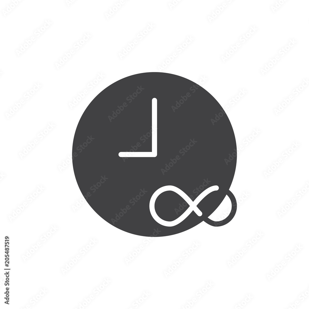 Infinite time vector icon. filled flat sign for mobile concept and web design. Clock simple solid icon. Symbol, logo illustration. Pixel perfect vector graphics Infinite time vector icon. filled flat sign for mobile concept and web design. Clock simple solid icon. Symbol, logo illustration. Pixel perfect vector graphics