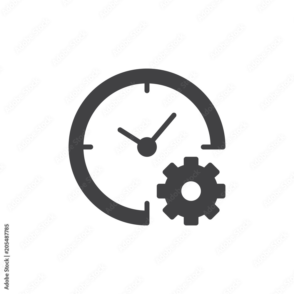 Time Management vector icon. filled flat sign for mobile concept and web design. Clock with gear simple solid icon. Symbol, logo illustration. Pixel perfect vector graphics Time Management vector icon. filled flat sign for mobile concept and web design. Clock with gear simple solid icon. Symbol, logo illustration. Pixel perfect vector graphics