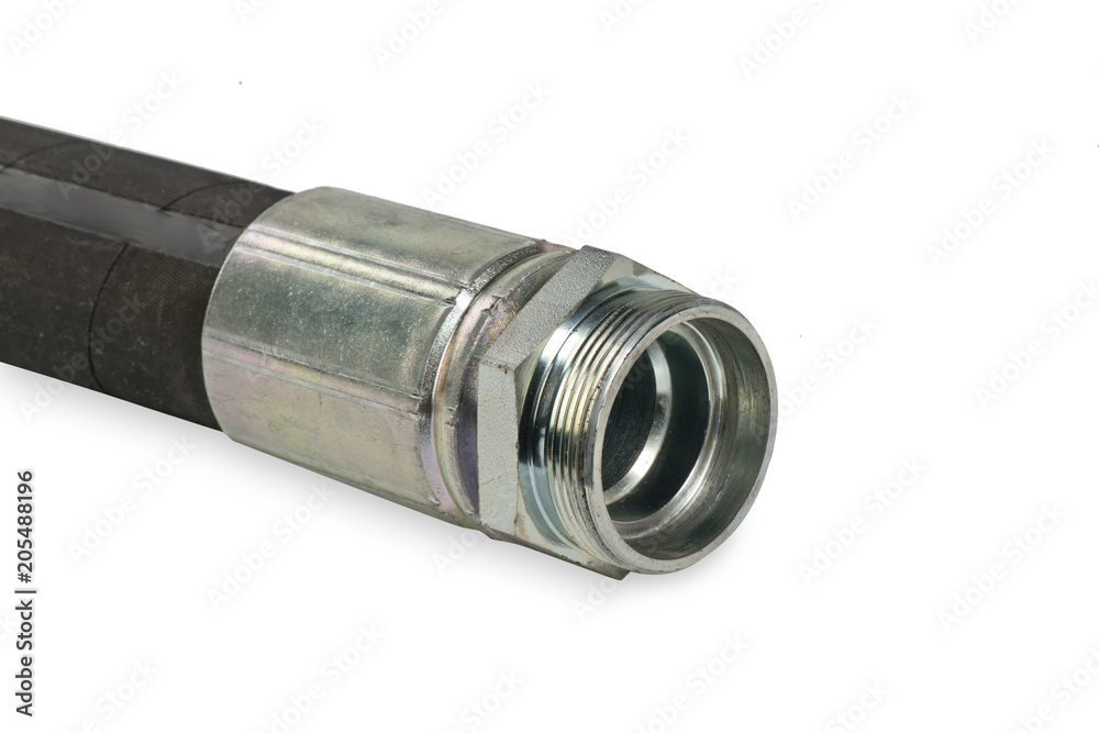 rubber hose with metal nozzle for high pressure durable black with metal tip on white background isolated