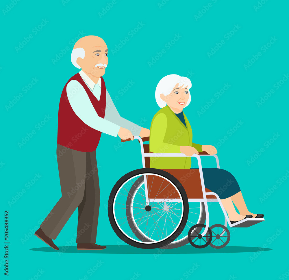 Old man strolling with elder grey haired woman in wheelchair. Vector flat style illustration Old man strolling with elder grey haired woman in wheelchair. Vector flat style illustration