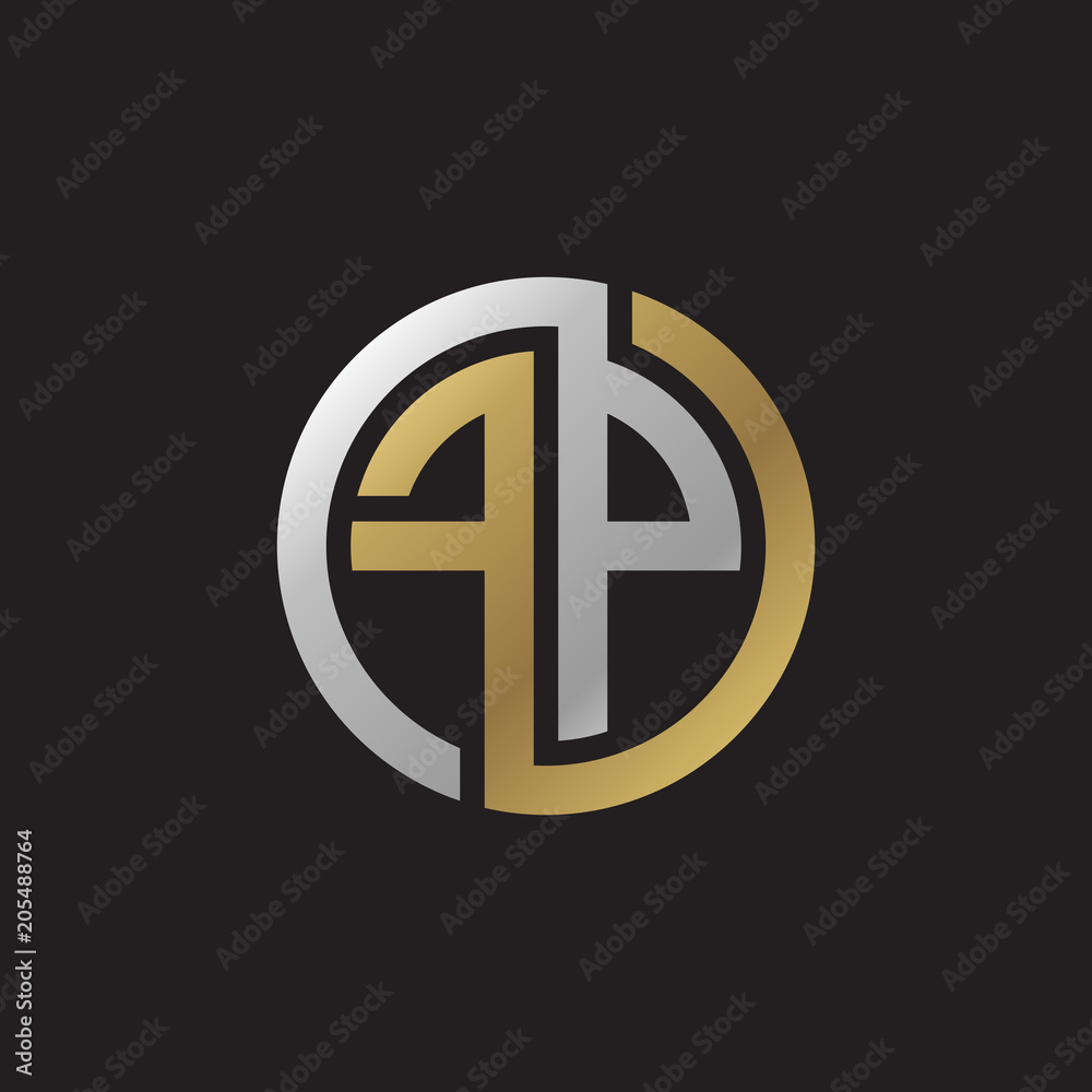 Initial letter FP, looping line, circle shape logo, silver gold color on black background Initial letter FP, looping line, circle shape logo, silver gold color on black background