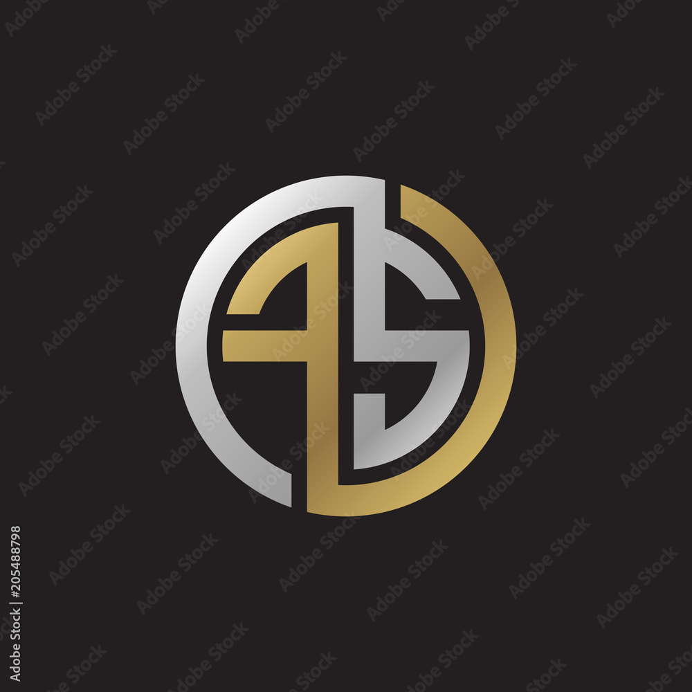 Initial letter FS, looping line, circle shape logo, silver gold color on black background Initial letter FS, looping line, circle shape logo, silver gold color on black background