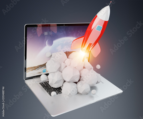 Rocket launching from a laptop 3D rendering