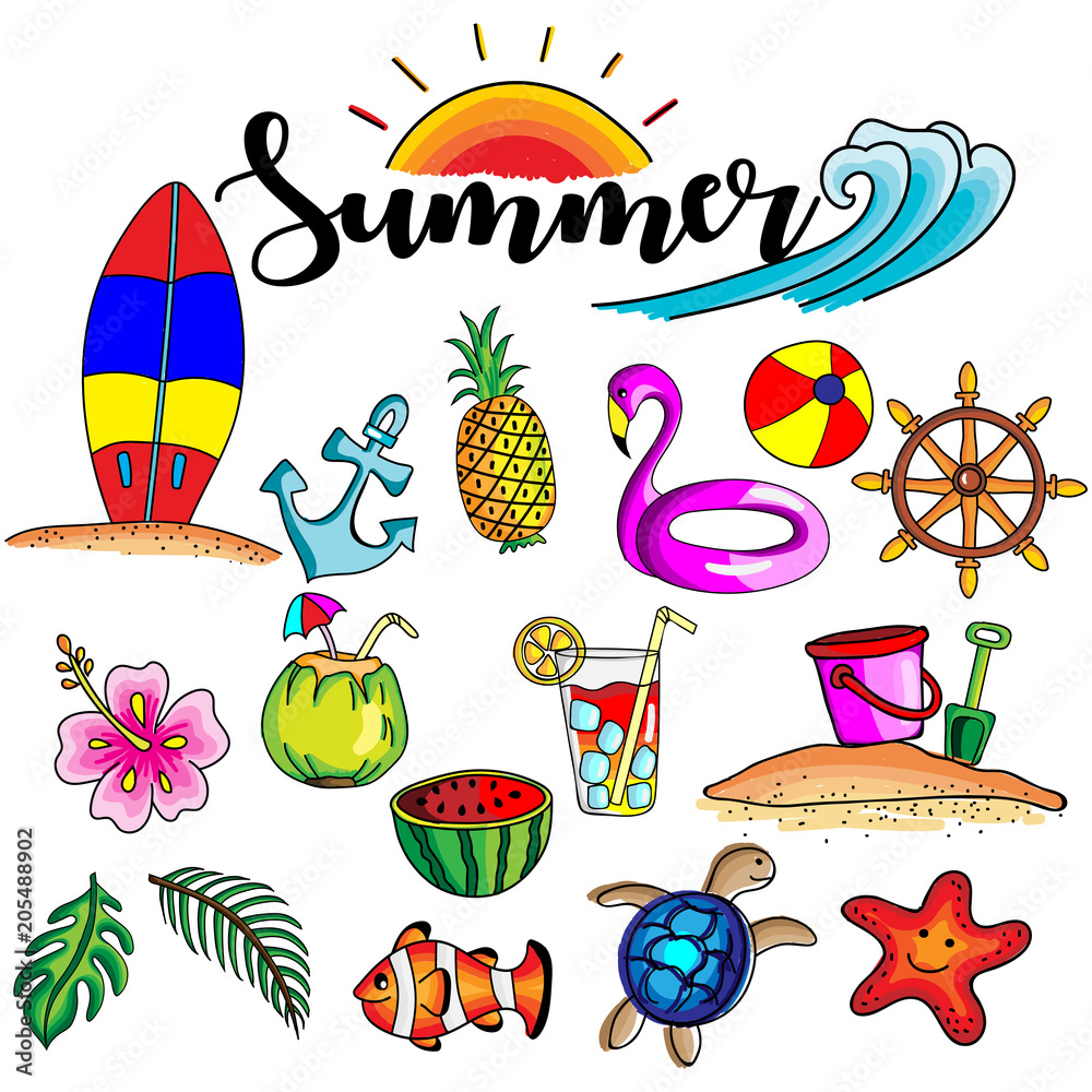 Cute and colorful hand drawing and doodle style vector and illustration of Summer  cartoon concept, beach, sea and ocean Stock Vector | Adobe Stock