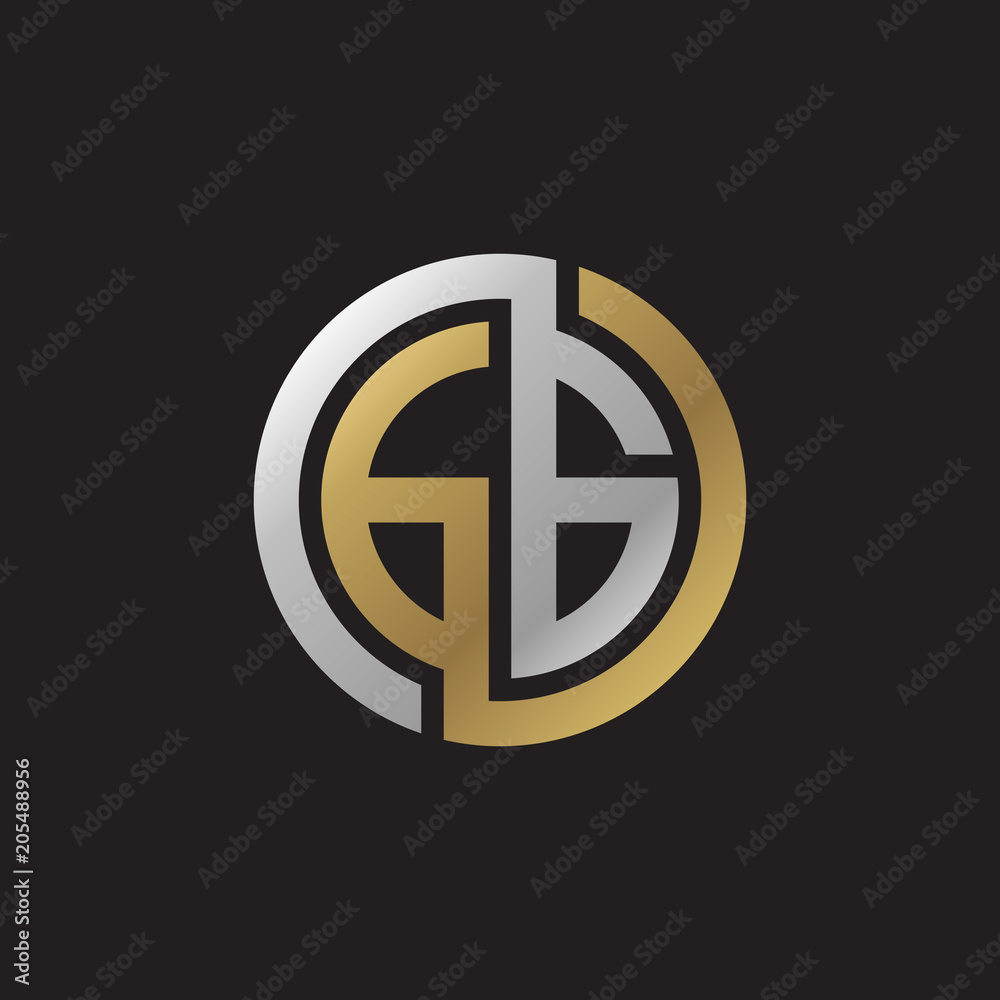 Initial letter GG, looping line, circle shape logo, silver gold color on black background Initial letter GG, looping line, circle shape logo, silver gold color on black background