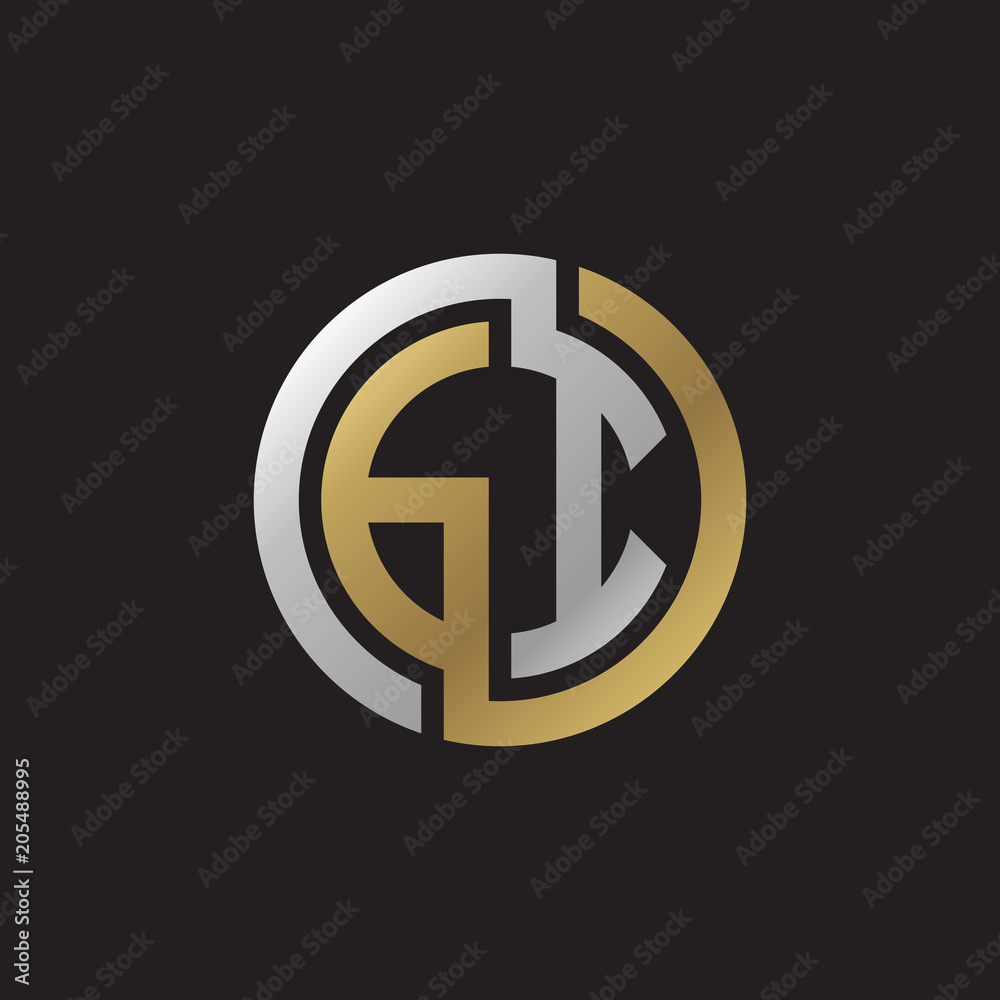 Initial letter GI, looping line, circle shape logo, silver gold color on black background Initial letter GI, looping line, circle shape logo, silver gold color on black background