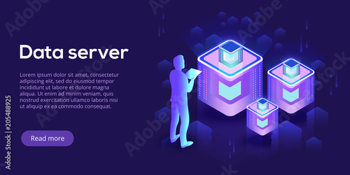 Hosting server isometric vector illustration. Abstract datacenter or blockchain with man background. Network mainframe infrastructure website layout. Computer storage or farming workstation.