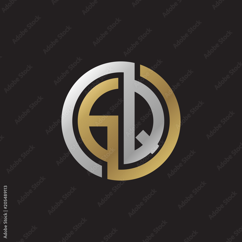 Initial letter GQ, looping line, circle shape logo, silver gold color on black background Initial letter GQ, looping line, circle shape logo, silver gold color on black background