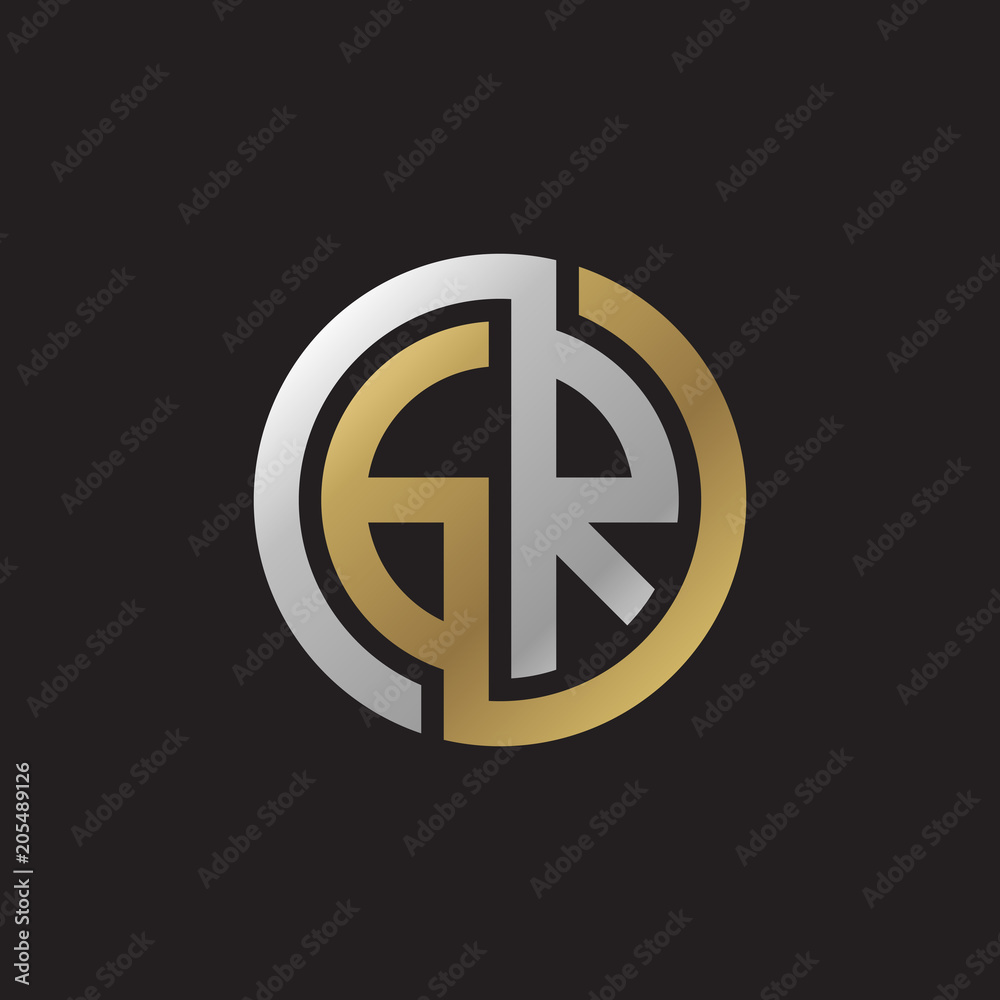 Initial letter GR, looping line, circle shape logo, silver gold color on black background Initial letter GR, looping line, circle shape logo, silver gold color on black background