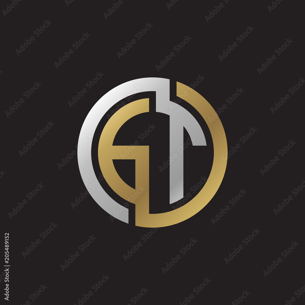 Initial letter GT, looping line, circle shape logo, silver gold color on black background Initial letter GT, looping line, circle shape logo, silver gold color on black background
