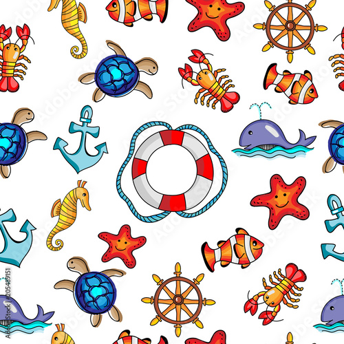 Seamless pattern vector and illustration of ocean, summer, under the sea concept with cute hand drawing cartoons 