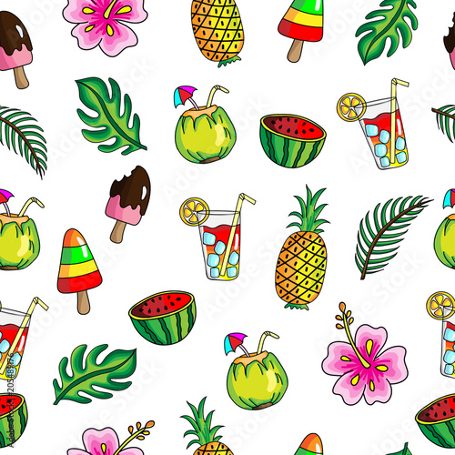 Vector and illustration seamless pattern of hand drawing cartoon Summer concept with tropical fruits, leaves, ice creams, popsicles, coconuts and summer drinks