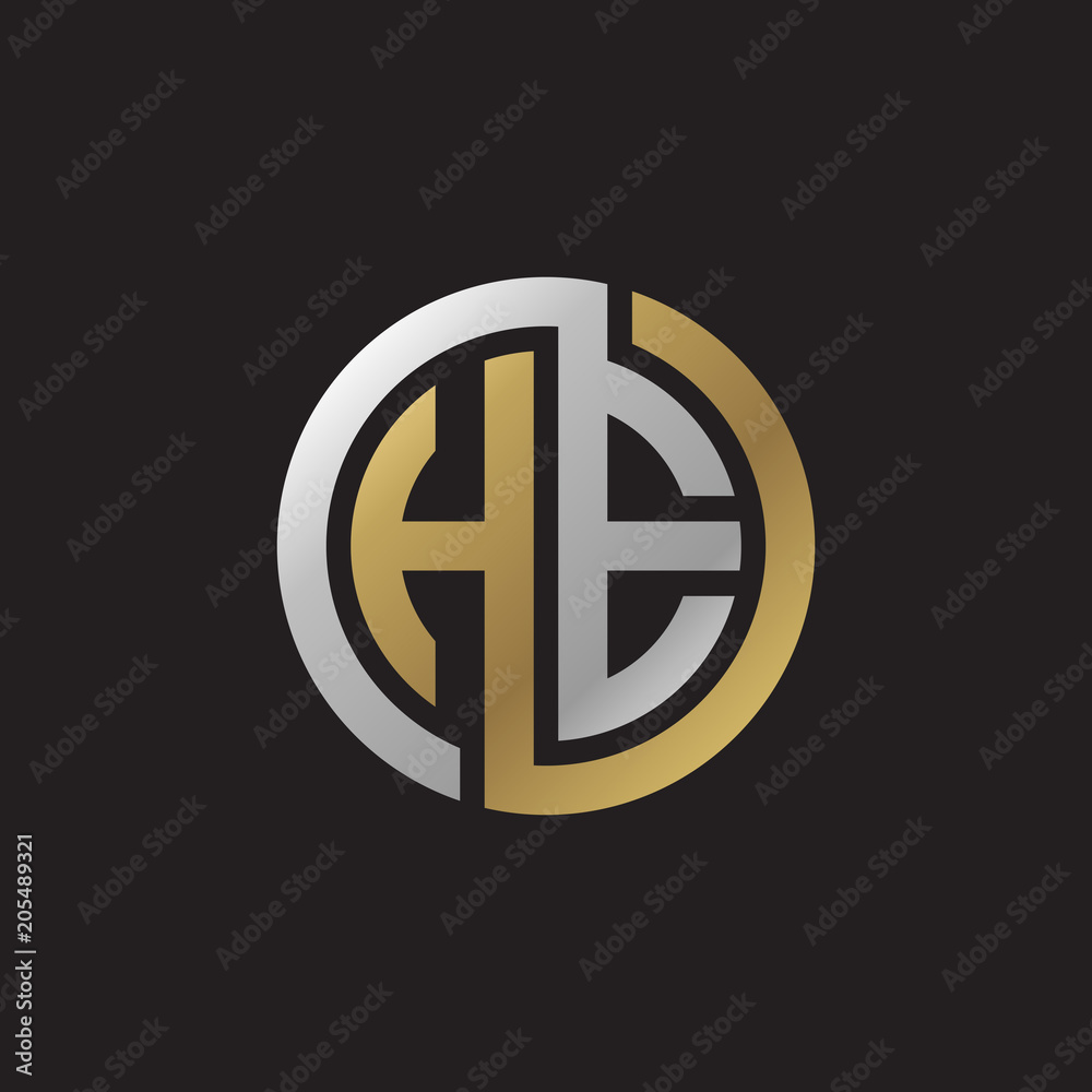 Initial letter HE, looping line, circle shape logo, silver gold color on black background Initial letter HE, looping line, circle shape logo, silver gold color on black background