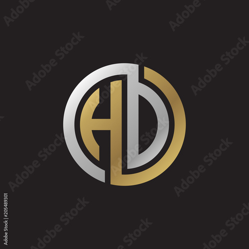 Initial letter HD, HO, looping line, circle shape logo, silver gold color on black background