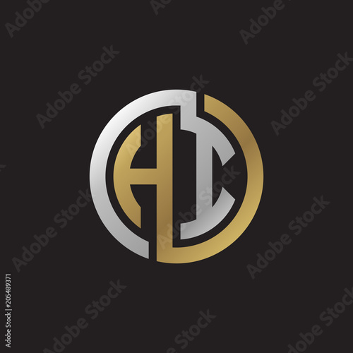 Initial letter HI, looping line, circle shape logo, silver gold color on black background