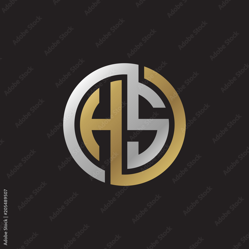 Initial letter HS, looping line, circle shape logo, silver gold color on black background Initial letter HS, looping line, circle shape logo, silver gold color on black background