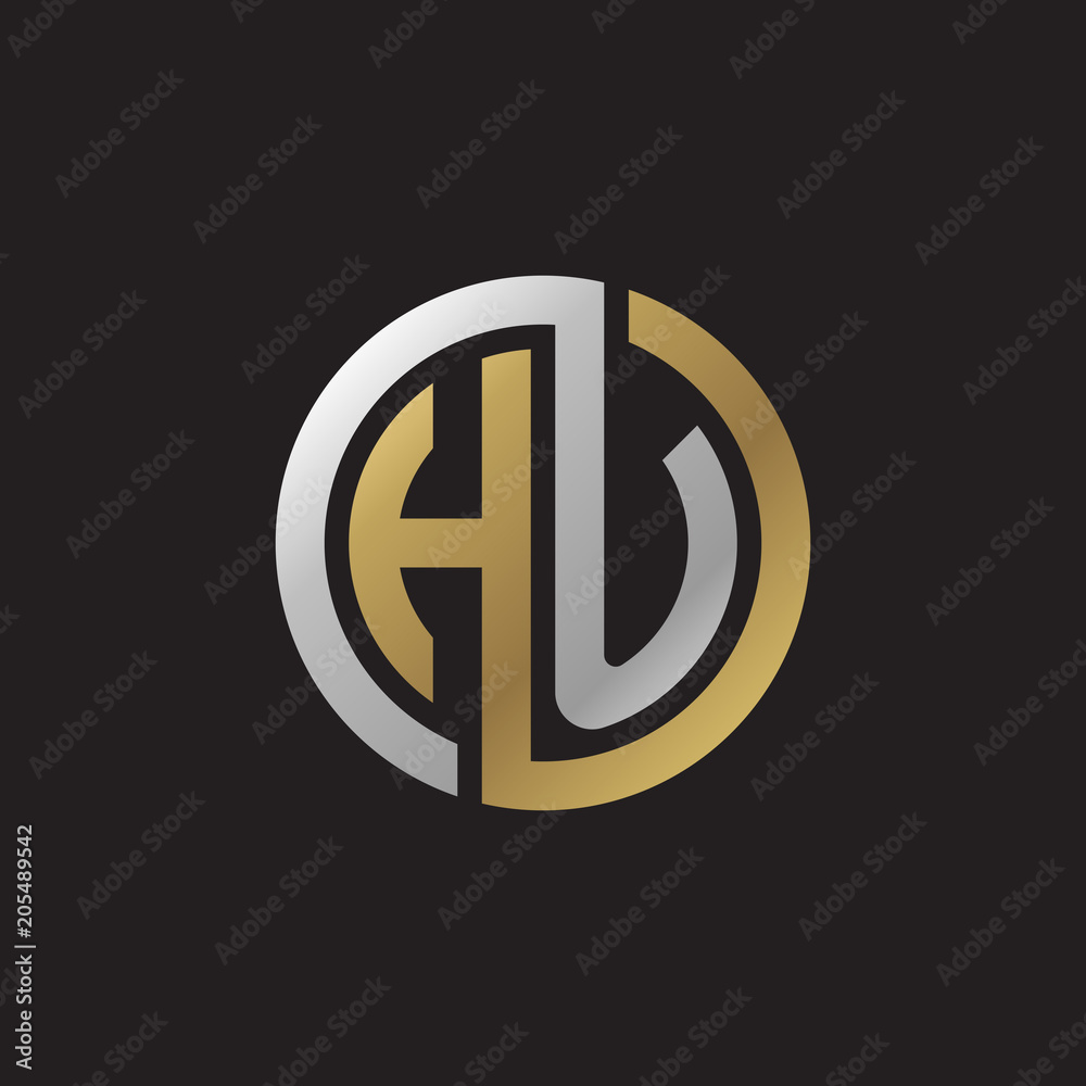 Initial letter HU, looping line, circle shape logo, silver gold color on black background Initial letter HU, looping line, circle shape logo, silver gold color on black background