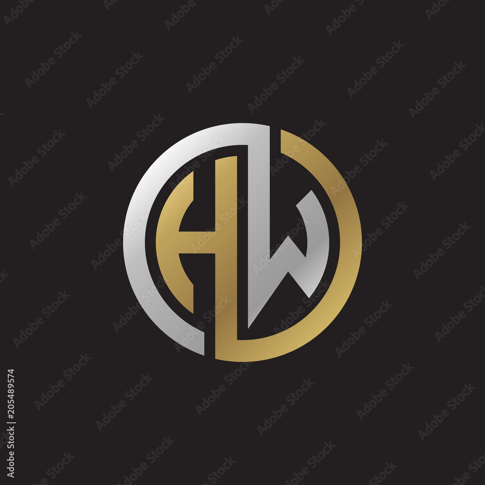 Initial letter HW, looping line, circle shape logo, silver gold color on black background Initial letter HW, looping line, circle shape logo, silver gold color on black background