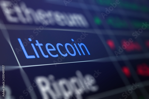Litecoin crypto currency trading and monitoring LTC values on trading chart of exchange screen.  Closeup of financial buying and selling of Litecoin.  Copy space. photo