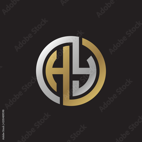 Initial letter HY, looping line, circle shape logo, silver gold color on black background