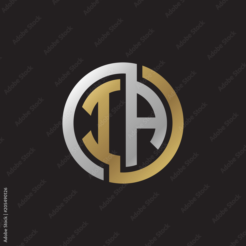 Initial letter IA, looping line, circle shape logo, silver gold color on black background Initial letter IA, looping line, circle shape logo, silver gold color on black background