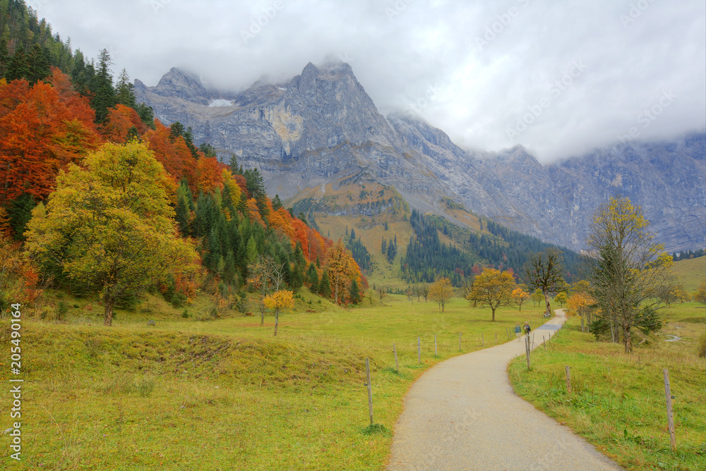 A hiking path through the meadow with maple trees on the mountainside ~ Beautiful autumn scenery of Karwendel Mountains in Eng, Hinterriss, Austria ~ European alps ~ A hiking path through the meadow with maple trees on the mountainside ~ Beautiful autumn scenery of Karwendel Mountains in Eng, Hinterriss, Austria ~ European alps ~