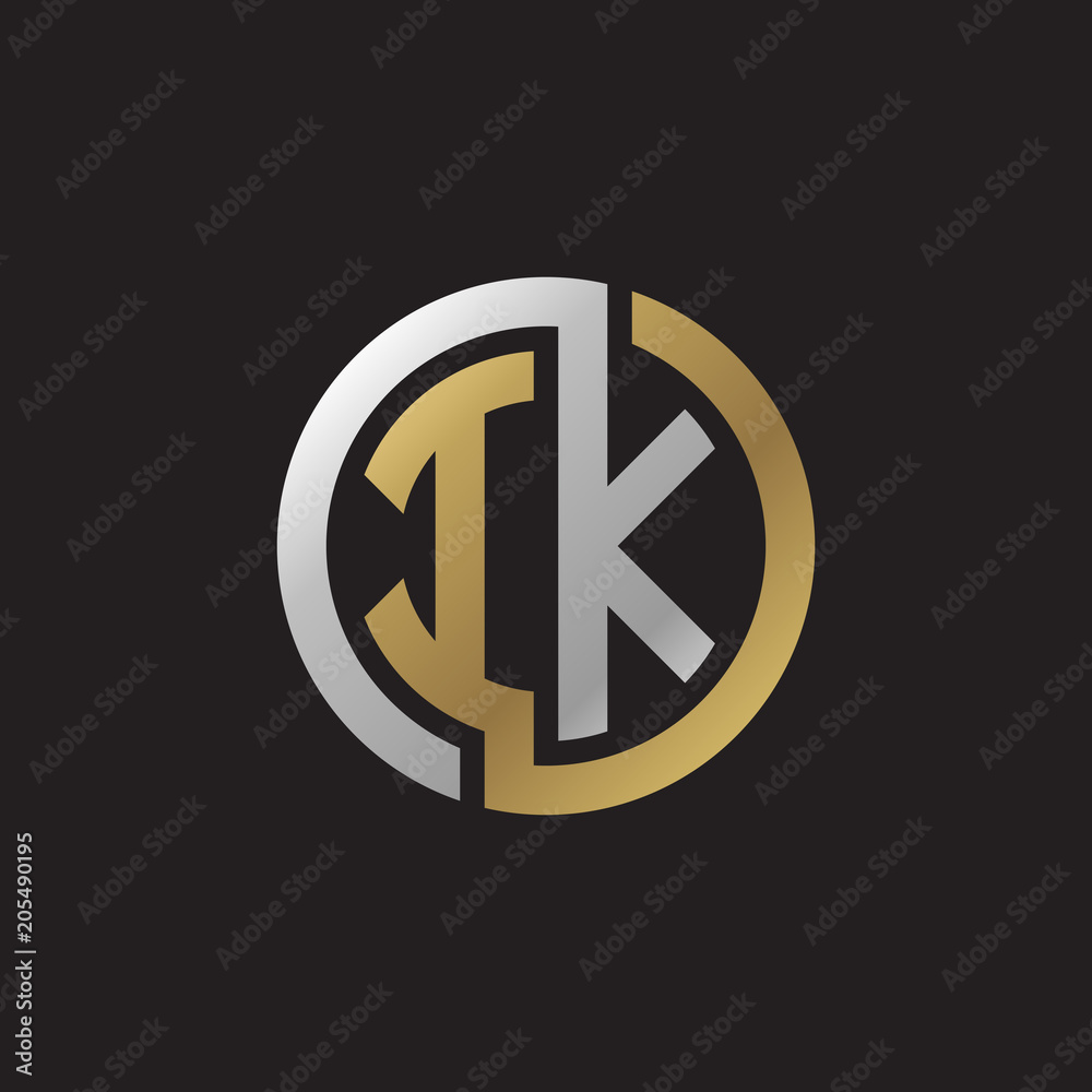 Initial letter IK, looping line, circle shape logo, silver gold color on black background Initial letter IK, looping line, circle shape logo, silver gold color on black background