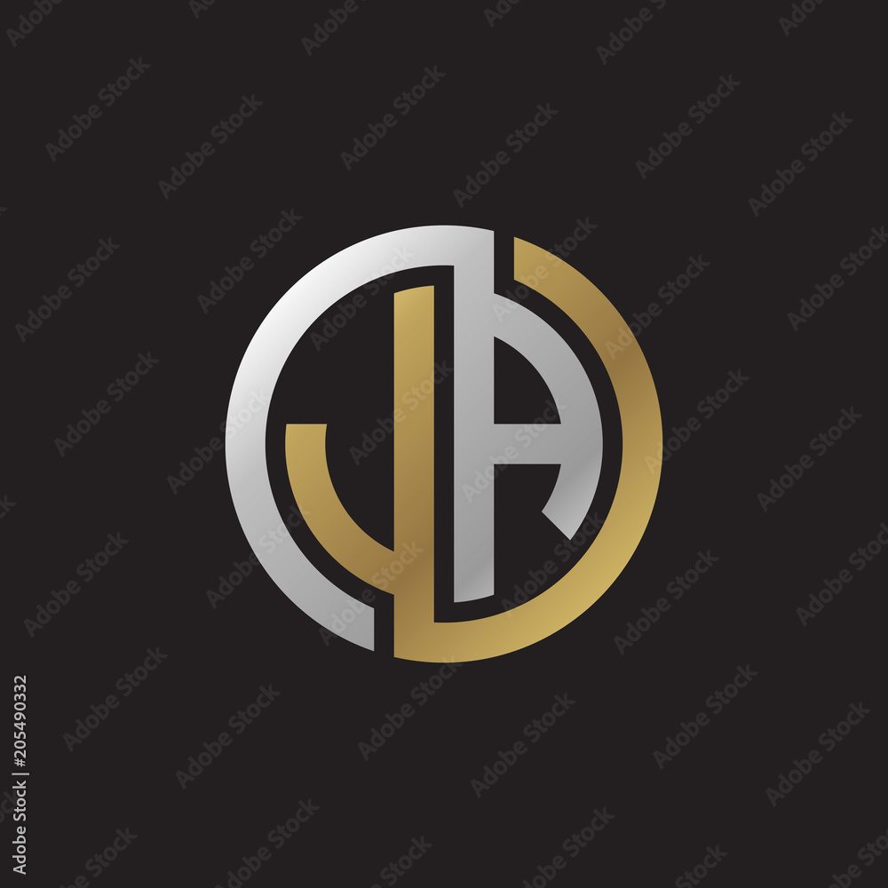 Initial letter JA, looping line, circle shape logo, silver gold color on black background Initial letter JA, looping line, circle shape logo, silver gold color on black background