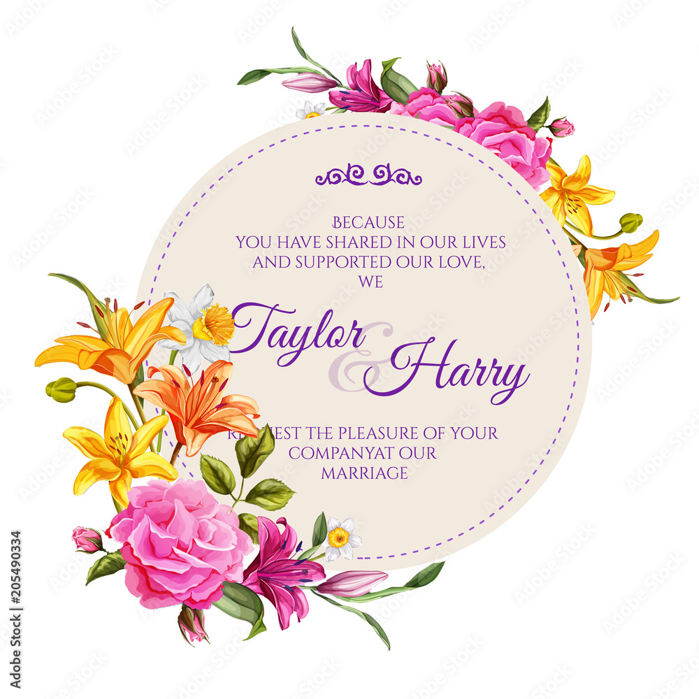 Vector watercolor lily rose flower wedding card