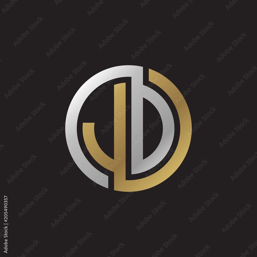 Initial letter JD, JO, looping line, circle shape logo, silver gold color on black background Initial letter JD, JO, looping line, circle shape logo, silver gold color on black background