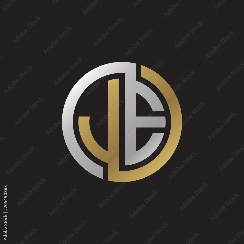 Initial letter JE, looping line, circle shape logo, silver gold color on black background Initial letter JE, looping line, circle shape logo, silver gold color on black background