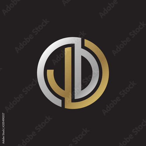 Initial letter JD, JO, looping line, circle shape logo, silver gold color on black background