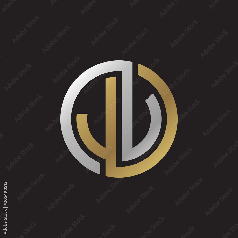Initial letter JV, JU, looping line, circle shape logo, silver gold color on black background Initial letter JV, JU, looping line, circle shape logo, silver gold color on black background
