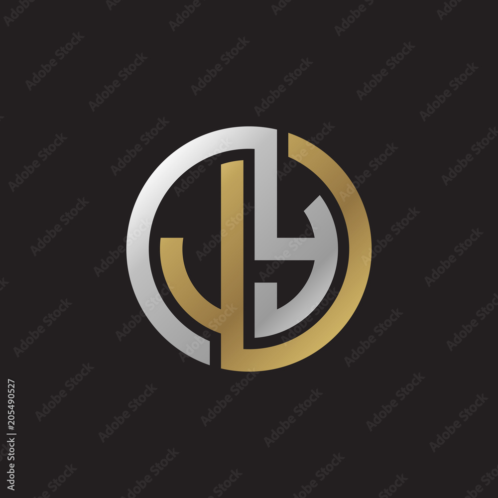 Initial letter JY, looping line, circle shape logo, silver gold color on black background Initial letter JY, looping line, circle shape logo, silver gold color on black background